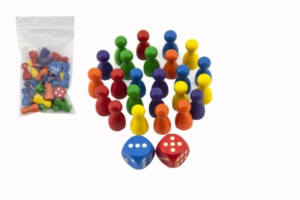 Drvene figurice 25mm 24kom 6 boja + 2 kocke društvena igra u vrećici 7x13cm