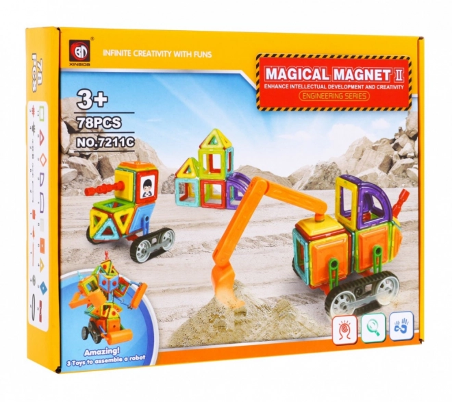 Građevinske magnetske kocke + kotači + ruka bagera - 78 dijelova