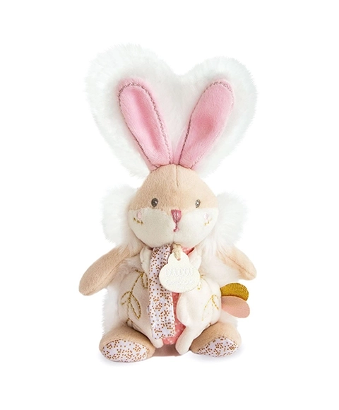 Doudou Igračka zeko s zvečke i držačem za dudu 21 cm – ružičasta