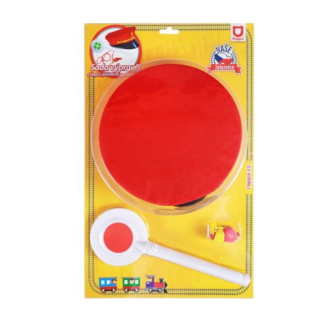 Set željeznički pratioc tkanina/plastika kapa, ploča, zviždaljka na karti 30x48x8cm