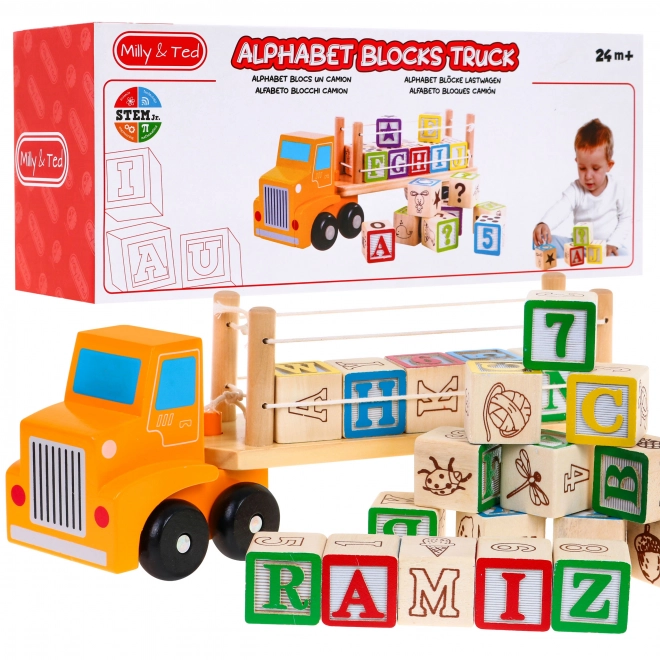 Drveni kamion s prikolicom i kockama za djecu 2+ Edukativna igračka + kocke s slovima i brojevima