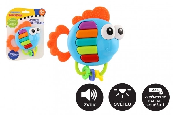 Zvečka/grickalica riba klavir plast 14x14cm na baterije sa zvukom, svjetlom na kartici 3m+