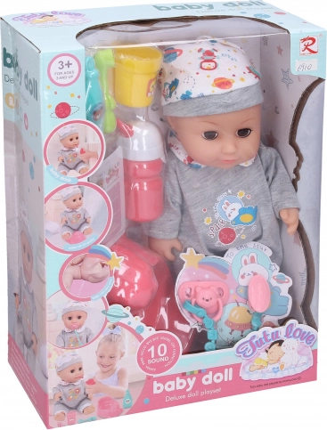 Beba koja piški u sivom odijelcu 30 cm sa zvukovima