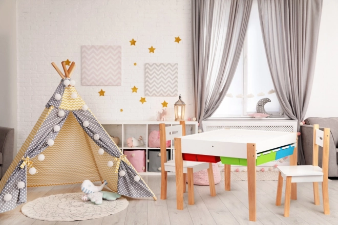 ECOTOYS Dječji drveni stol s pločom za igru i dvije stolice