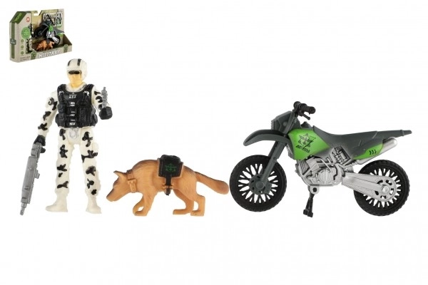 Vojni set plastična motor, vojnik, pas s dodacima u kutiji 23x14x4cm