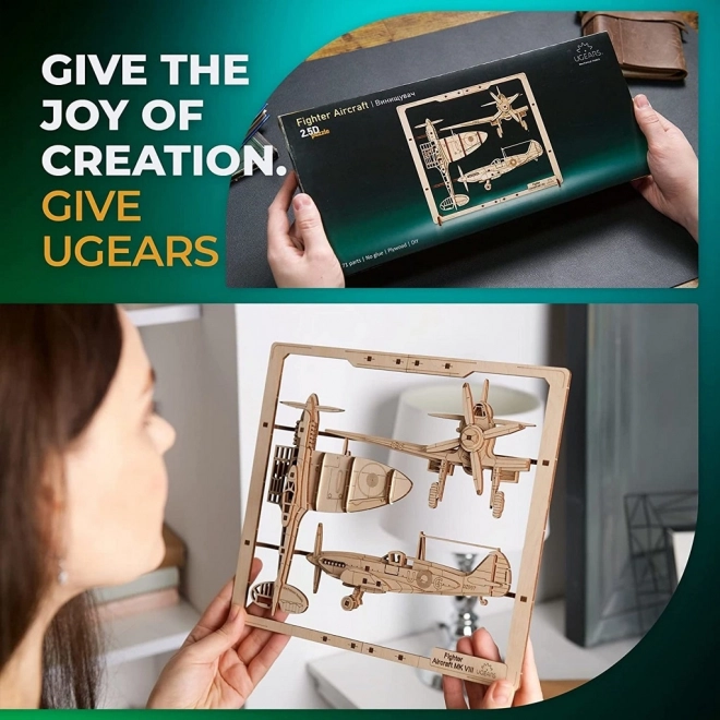 Ugears drveni mehanički puzzle Lovac avion
