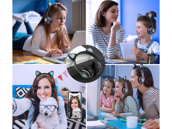Bežične slušalice bluetooth radio fm mp3 mačje uši led osvjetljenje – Crne