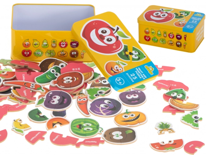 Puzzle s motivima voća i povrća u limenoj kutiji