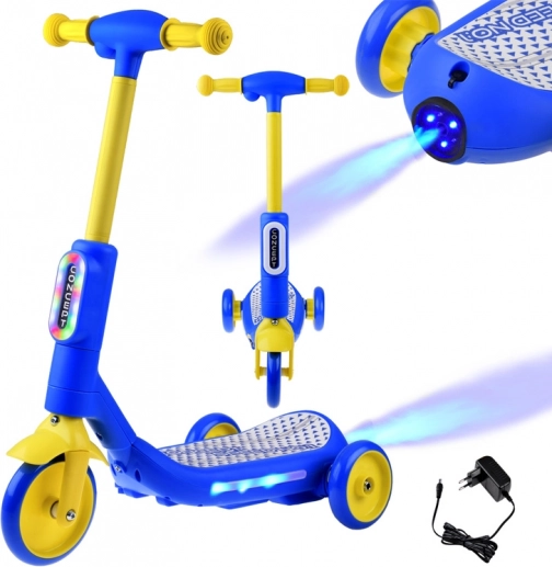 Dječinski električni romobil s tri kotača s LED svjetlima i parnim efektom – Plava