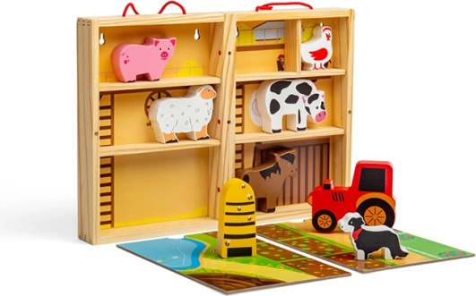 Bigjigs Toys prijenosna drvena farma u kutiji sa životinjama i traktorom