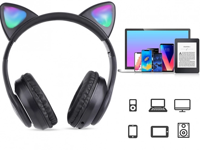 Bežične slušalice bluetooth radio fm mp3 mačje uši led osvjetljenje – Crne