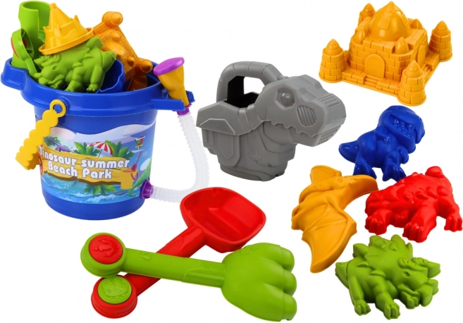 Dino set za pijesak s kantom s tušem, lopaticom, grabljicama i kalupima