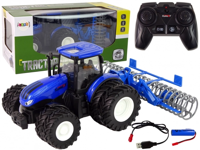 Daljinski upravljani traktor 1:24 Plavi Disk Agregat Metal