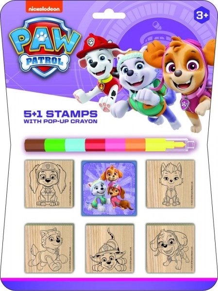 Pečati 5+1 s jastučićem drvenih 5x5cm s voštanom bojicom Patrolne šape/Paw Patrol na kartici