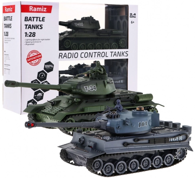 Daljinski upravljana 2 tenka T-34 protiv Tigera za djecu 3+ Modeli za pucanje 1:28 + Velika tenkovska bitka + Svjetlosni zvukovi