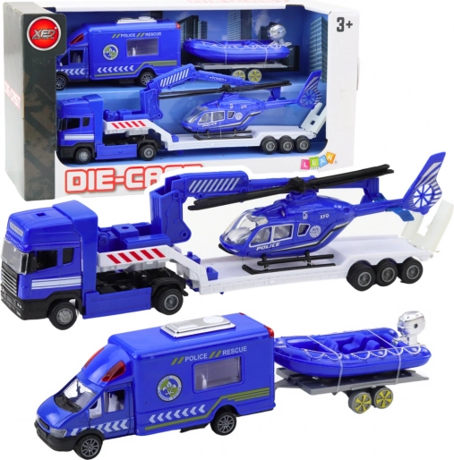 Set vozila za spašavanje s plavim policijskim helikopterom