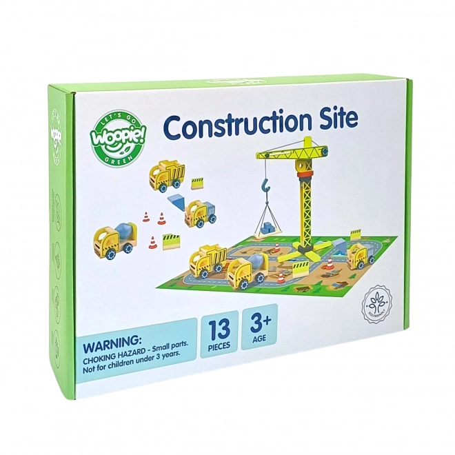 Drveni građevinski set 5u1 s dizalicom i građevinskim vozilima WOOPIE GREEN
