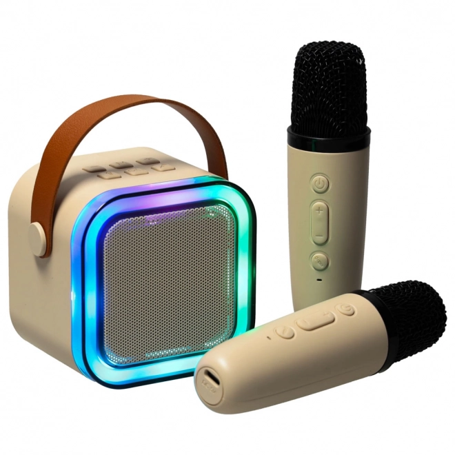 Karaoke set 2 mikrofona + prijenosni zvučnik BLUETOOTH USB LED bež boja