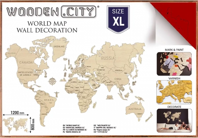 Drvena karta svijeta XL 120 × 80 cm crvena WOODEN CITY