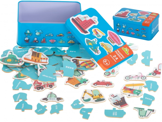 Puzzle s motivima prijevoznih sredstava u limenoj kutiji