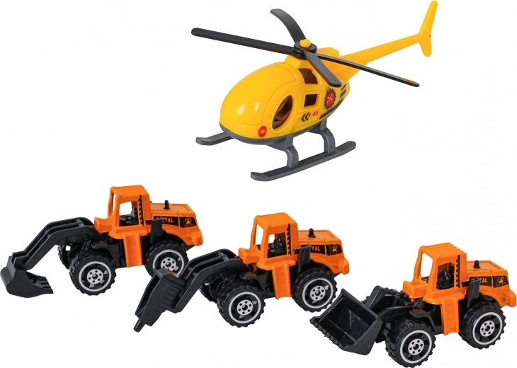 3 metalna građevinska vozila i helikopter