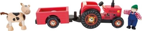 Drveni vučni traktor s farmerom i kravom small foot