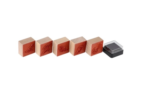 Drveni pečati 5+1 s jastučićem dinosauri 3x3cm na kartici