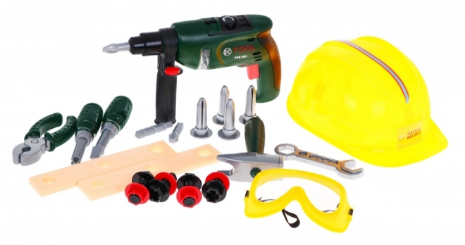 Set malog graditelja za djecu 3+ Električni odvijač + kaciga i naočale + alat