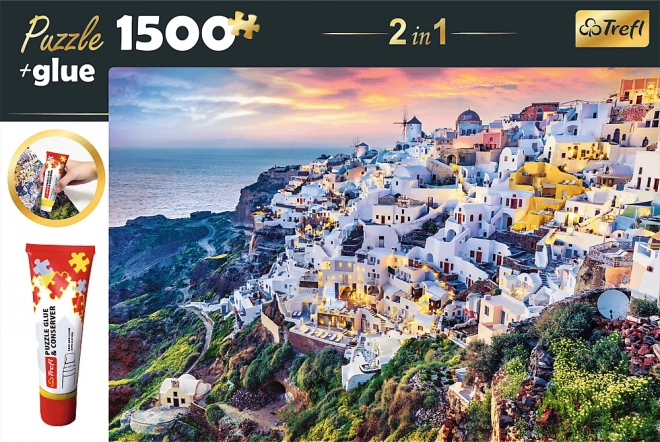 Trefl Set 2v1 Puzzle Prekrasni Otok Santorini Grčka 1500 Dijelova s Ljepilom