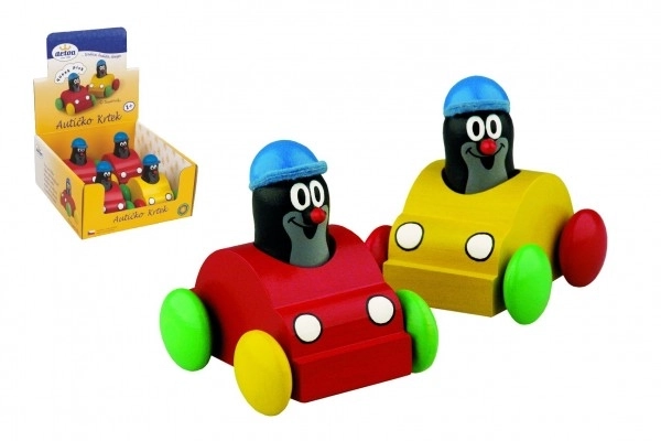 Cvrčeći krtica u autiću drvo 7 cm mogućnost 2 boje
