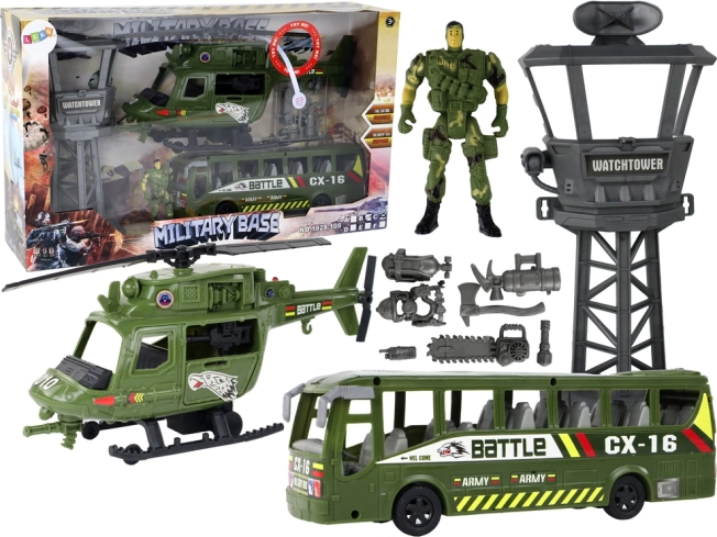 Vojni set s helikopterom, borbenim vozilom, kontrolnim tornjem i figuricom vojnika