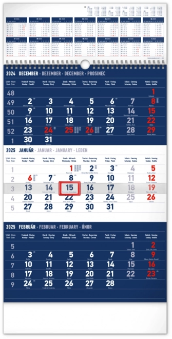 NOTIQUE Zidni kalendar 3-mjesečni standard plavi – s godišnjim pregledom 2025, 29,5 x 43 cm