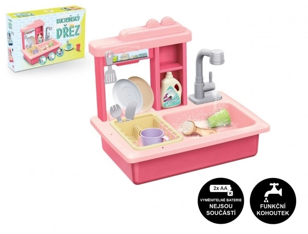 Sudoper za pranje posuđa ružičasti + slavina za vodu na baterije plastika s dodacima u kutiji 46x28x12cm