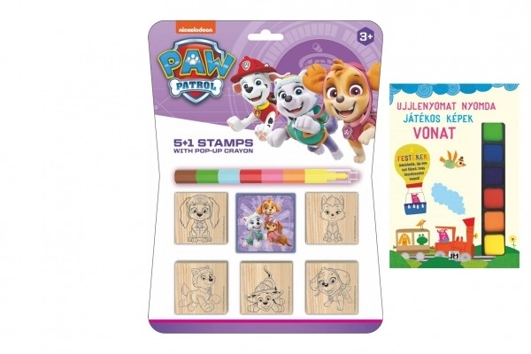 Pečati 5+1 s jastučićem drvenih 5x5cm s voštanom bojicom Patrolne šape/Paw Patrol na kartici