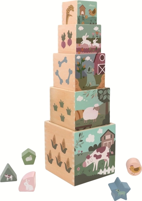 Sklopivi drveni toranj s kockama Farma 2Kids Toys