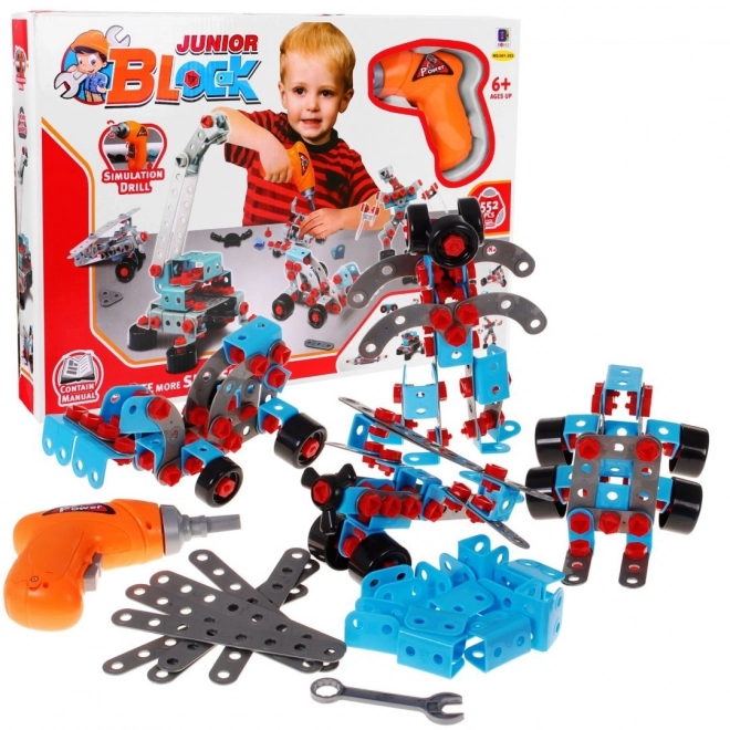 Set za djecu + električni odvijač + alat + 10 modela za gradnju - 552 dijelova