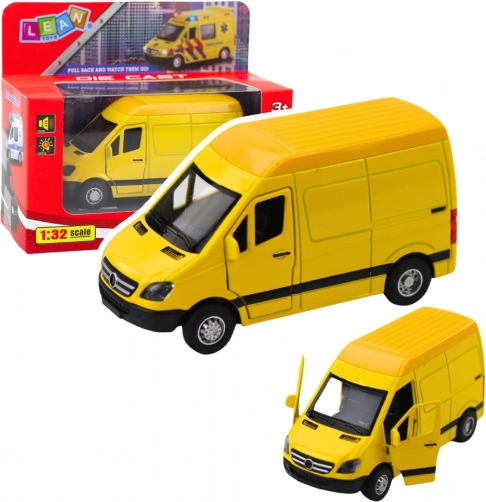Metalni kombi 1:32 s mehanizmom na navlačenje, svjetlima i zvukovima – žuti