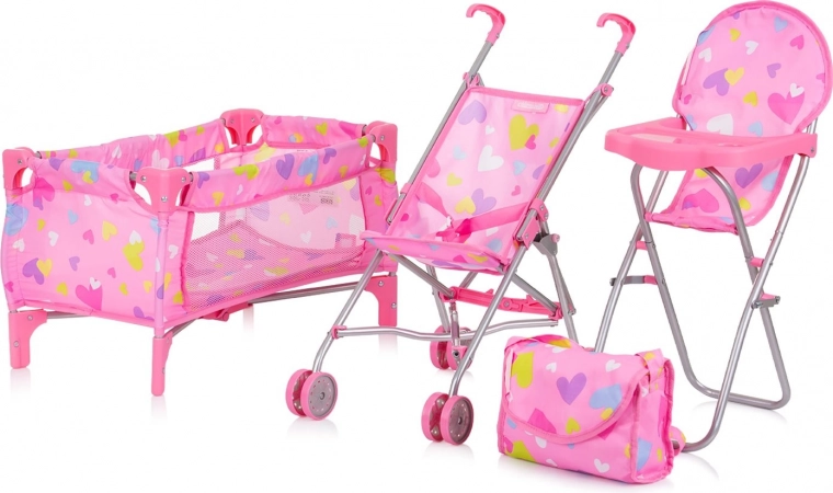 CHIPOLINO set za lutke 3u1 Trixy Hearts – kolica, krevetić i hranilica