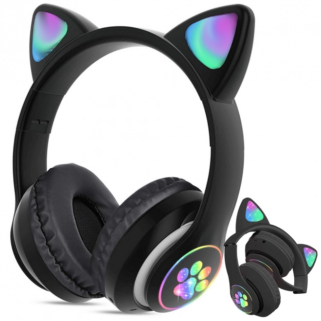 Bežične slušalice bluetooth radio fm mp3 mačje uši led osvjetljenje – Crne