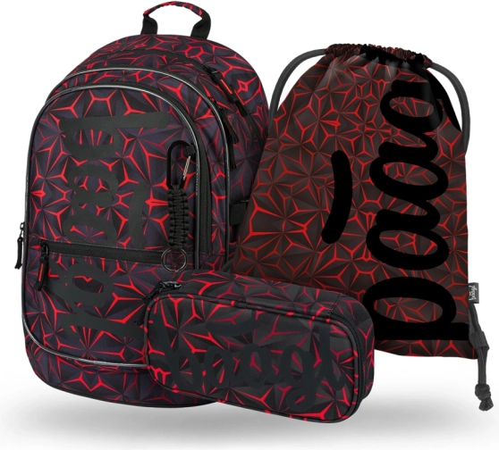 Školski set BAAGL Core Red Polygon – ruksak, pernica i vrećica