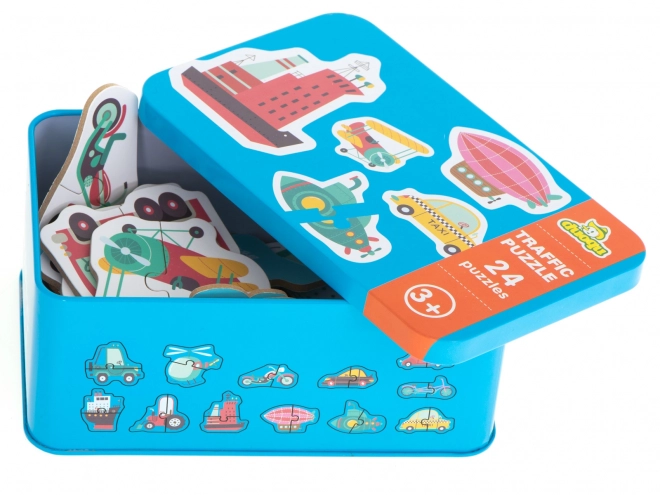 Puzzle s motivima prijevoznih sredstava u limenoj kutiji