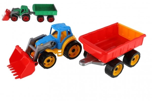 Traktor/nakladač/bager s prikolicom s plastičnom lopatom na slobodnu vožnju 2 boje u mrežici 16x61x16cm