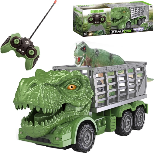 RC dinosaurovo teretno vozilo sa zelenim T‑rexom i figuricom WOOPIE