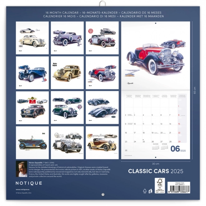 NOTIQUE Bilježnica Kalendar Klasični Automobili – Václav Zapadlík, 2025, 30 x 30 cm