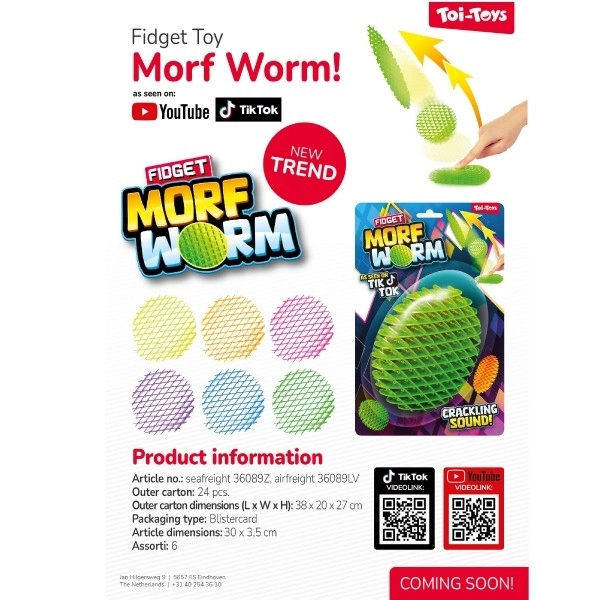 Worm za igru mijenjajući oblike antistres plastični 13cm 6 boja na kartici