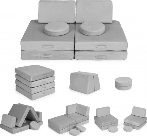 velika sklopiva modularna dječja sofa, 8 mekanih jastuka – siva ecotoys
