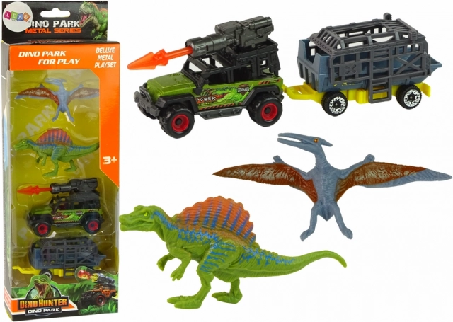 Dino set s automobilom, raketnim bacačem i prikolicom s kavezom