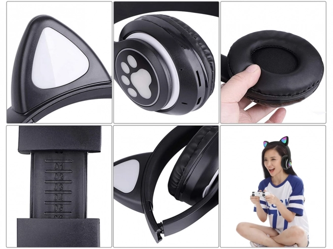 Bežične slušalice bluetooth radio fm mp3 mačje uši led osvjetljenje – Crne