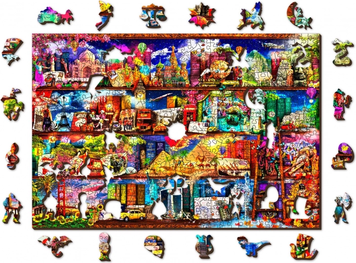 Drvene obostrane puzzle WOODEN CITY – polica s knjigama o putovanjima, 505 dijelova