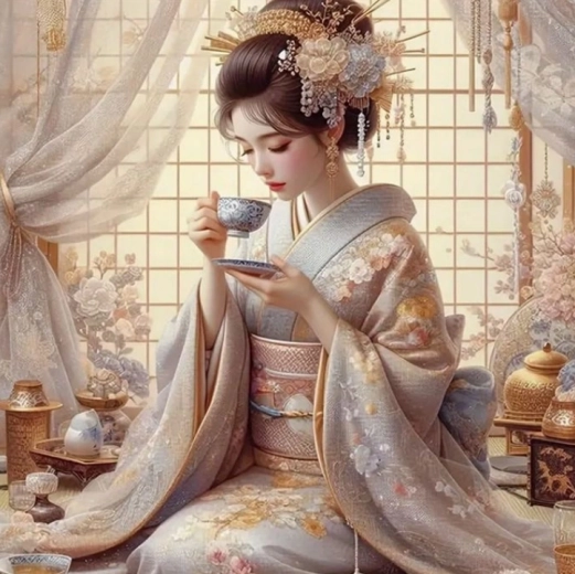 Dijamantno slikanje Japanka s šalicom čaja 30 × 40 cm